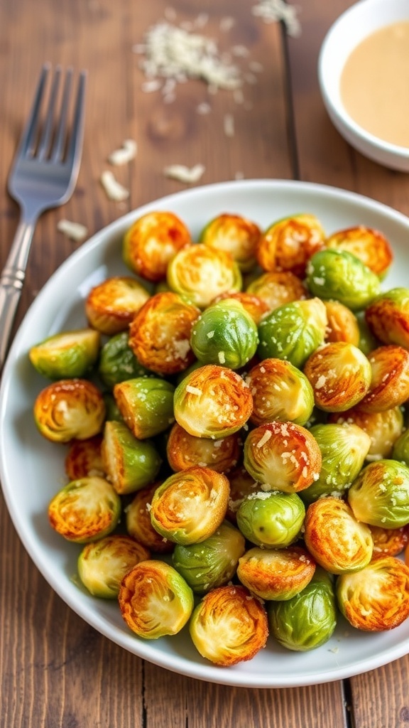 Crispy air-fried Brussels sprouts garnished with Parmesan cheese on a rustic table.